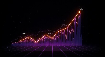 High-tech neon stock growth visualization, abstract futuristic chart glowing with energy, dark dimensional grid background, luminous gradient lights, 4K high-resolution, modern finance illustration