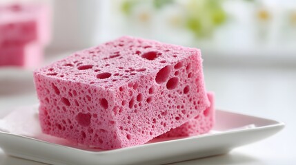 Two vibrant pink sponges are artfully presented on a white square plate, showcasing their porous texture in a  shot, with soft lighting and a blurred background adding a sense of freshness and...