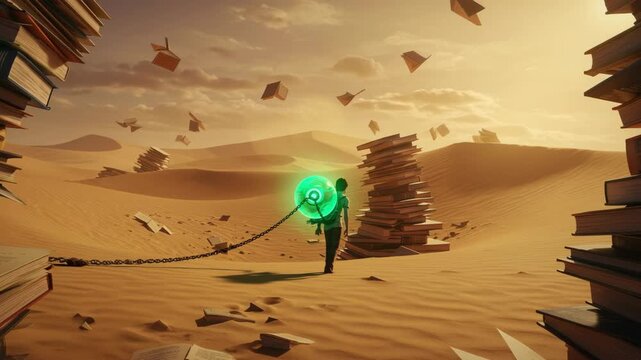 Person walking through desert with glowing orb and book towers