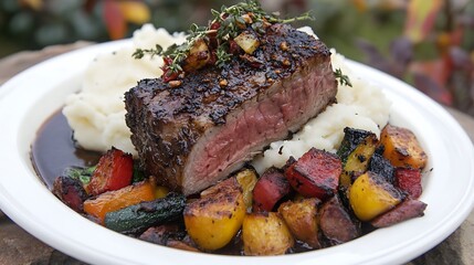 Delectable grilled steak served with creamy mashed potatoes and roasted vegetables, a culinary delight for a memorable and satisfying gastronomic experience