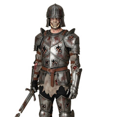 Fototapeta premium Decayed knight in rusted armor, gripping a shattered sword, standing defiantly against the blue void.