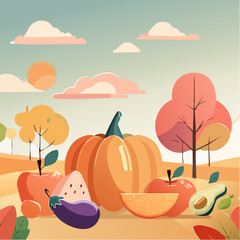 Autumn fruit and vegetable element set, vector illustration