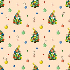 Seamless festive pattern featuring cute cartoon Christmas trees decorated with colorful baubles and a star on top on beige background. Perfect for holiday wrapping paper, textiles, or digital paper