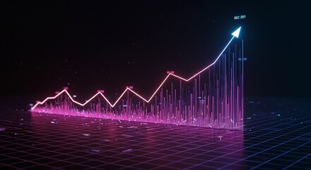 High-tech neon stock growth visualization, abstract futuristic chart glowing with energy, dark dimensional grid background, luminous gradient lights, 4K high-resolution, modern finance illustration