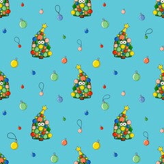 Seamless festive pattern featuring cute cartoon Christmas trees decorated with colorful baubles and a star on top on blue background. Perfect for holiday wrapping paper, textiles, or digital paper