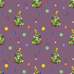 Seamless festive pattern featuring cute cartoon Christmas trees decorated with colorful baubles and a star on top on violet background. Perfect for holiday wrapping paper, textiles, or digital paper