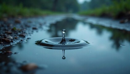 Lonely Raindrop Splash Solitude and Contemplation in a Still Puddle Reflecting an Overcast Sky, evoking feelings of peace and melancholic beauty.