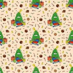 Cute seamless Christmas pattern with decorated trees, presents, cookies, candy canes, and sweets on beige background. Perfect for wrapping paper, festive textiles, greeting cards, and digital designs