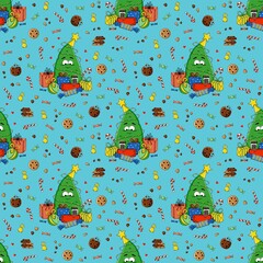 Cute seamless Christmas pattern with decorated trees, boxes, cookies, candy canes, and sweets on aqua blue background. Perfect for wrapping paper, festive textiles, greeting cards, and digital designs