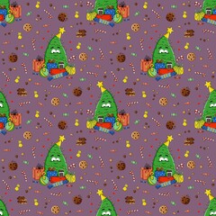 Cute seamless Christmas pattern with decorated trees, presents, cookies, candy canes, and sweets on violet background. Perfect for wrapping paper, festive textiles, greeting cards, and digital designs