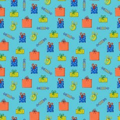 Colorful seamless pattern featuring hand-drawn gift boxes, baubles, and candies on aqua blue background. Great for holiday packaging, textiles, gift wrap, and Christmas-themed backgrounds