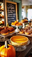 Bakery counter presenting a delicious array of fall baked goods, including a whole pumpkin pie, small tarts, and other pastries, surrounded by small gourds and a blackboard
