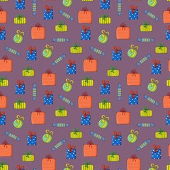 Colorful seamless pattern featuring hand-drawn gift boxes, baubles, and candies on violet background. Great for holiday packaging, textiles, gift wrap, and Christmas-themed backgrounds