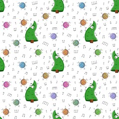 Playful seamless pattern with cartoon dancing Christmas trees, disco balls, and music notes on white background. Ideal for fun festive designs, New Year&rsquo;s party decorations, and joyful wrapping paper