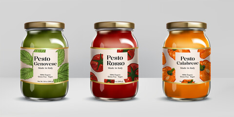 Trio of Italian Pesto Jars Mockup on Gray Background