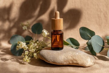 Amber dropper bottle with eucalyptus and flowers on a stone, against a neutral backdrop