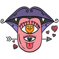 halloween Colorful illustration of lips with hearts and an eye motif. in doodle color line style