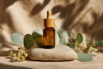 An amber glass bottle with a dropper sits atop a rock, framed by eucalyptus and beige cloth