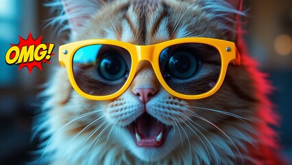 Funny Cat with Sunglasses and OMG Comic Expression – Cute Surprised Pet Meme Art
