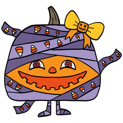 halloween Colorful pumpkin character with a playful design. in doodle color line style