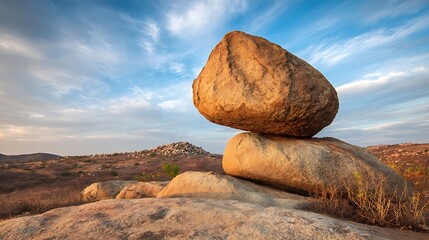 	
Balanced rock formation on a hilltop during golden hour, representing Mental Equilibrium, Mindfulness, and the pursuit of inner Stability for Wellness Apps and Self-Care Campaigns.