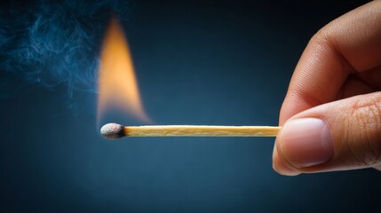 In an intimate setting, a closeup photograph of a flame ignition match on a dark background is taken from an eye-level perspective to capture its essence