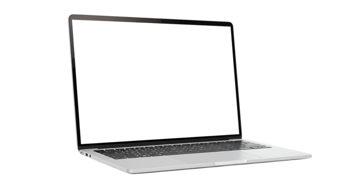 Laptop on white background with blank screen isolated for office and technology use