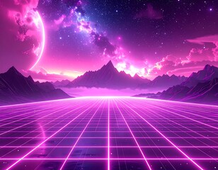 Retrofuturistic landscape with glowing grids