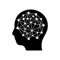 Head silhouette with network inside brain on transparent background