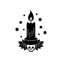 Candle with skull and leaves silhouette art on transparent background