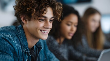 Obraz premium A young smiling male student in a classroom setting looking towards a laptop screen while his classmates work nearby