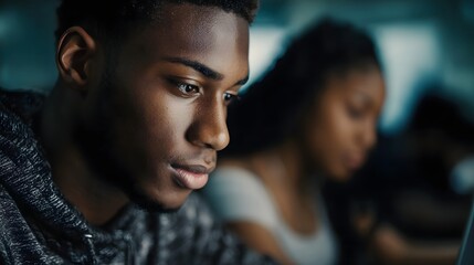 Obraz premium Young Black student focused on a screen in a low light modern learning space