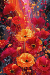 Vibrant digital illustration of blooming red and orange poppy flowers.