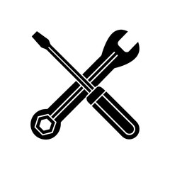 Screwdriver and wrench crossed in black on transparent background silhouette