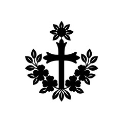 Floral cross with leaves and flower design on transparent background silhouette