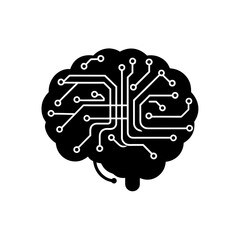 Stylized brain with circuit board design on transparent background silhouette