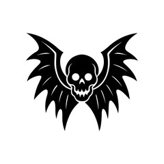 Skull with bat wings black and white art on transparent background silhouette