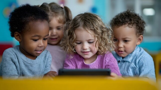 Four diverse young children huddle around a tablet engrossed in digital learning and interaction within a bright colorful classroom