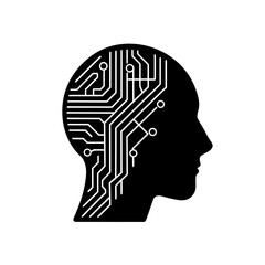 Human head with circuit board illustration on transparent background silhouette