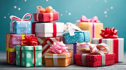 A joyful pile of colorful gift boxes tied with playful ribbons, symbolizing Inner Child Healing, Positive Emotion, and the rediscovery of Childhood Excitement in therapeutic contexts.