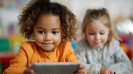 Two young girls intently focused on learning together with a tablet in a bright colorful classroom