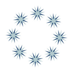 Obraz premium Round holiday frame of snowflakes. Star shapes. Flat vector design. One illustration isolated on white background. Blue and gray color.