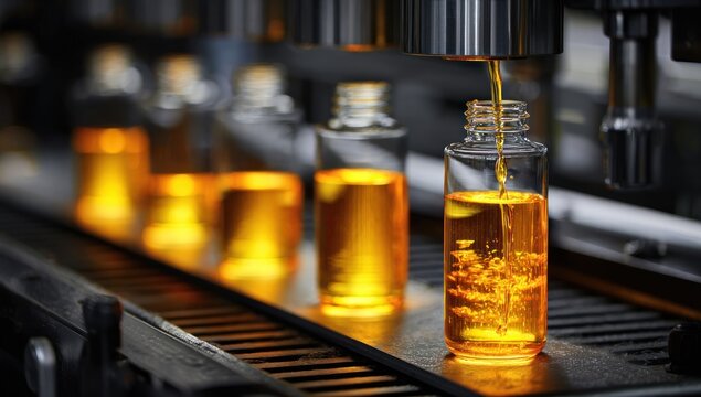 Automated filling line dispensing golden liquid into glass vials on conveyor