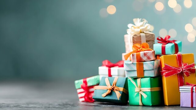 excitement. A joyful pile of colorful gift boxes tied with playful ribbons, evoking childhood excitement and wonder. lifestyle magazines.