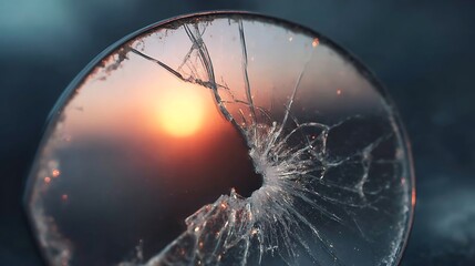 faint. A large mirror with a sharp radial crack emitting a faint dark red glow. wellbeing guides, coaching materials, designed for mental health education and mindfulness programs.