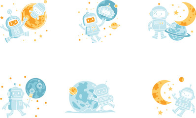 Cute cartoon robots exploring outer space with planets, moons, and stars, futuristic space adventure, vector illustration on white background for kids.