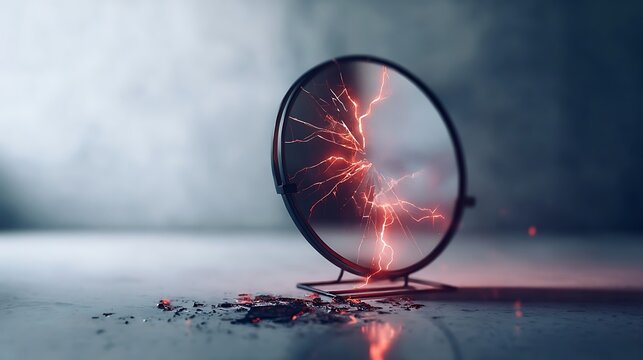 faint. A large mirror with a sharp radial crack emitting a faint dark red glow. wellbeing guides, coaching materials, designed for mental health education and mindfulness programs.