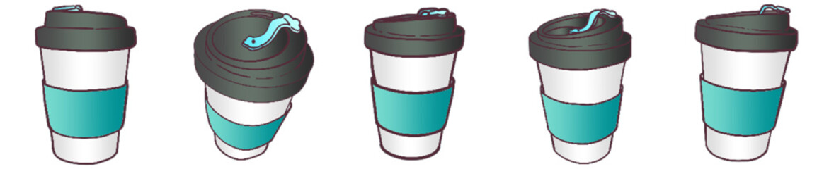 Takeaway Coffee Cup with Lid and Sleeve &ndash; Cute Hand Drawn Reusable Cup Clipart for Cafe, Beverage and Morning Drink Theme