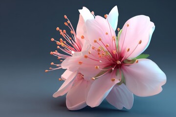 A Plum blossom is showcased in a 3D artwork characterized by its minimalist style, glossy petals, and dark black background