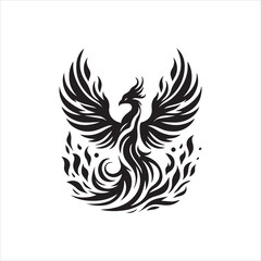 Stylized Phoenix Rising from Flames in Bold Black and White Vector Illustration.